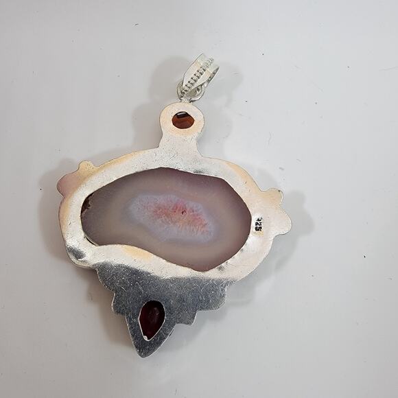 Handmade Silver Pendant Necklace with Pink Agate, Garnet & Jasper Cabochons - Picture 3 of 10